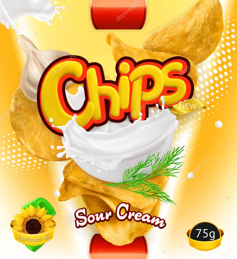 Potato chips. Sour Cream flavor. Design packaging, 3d vector template