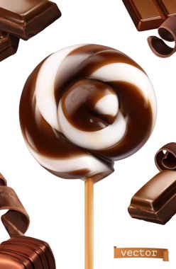 Çikolata kıvrımlı şeker, lolipop. 3d gerçekçi vektör simgesi