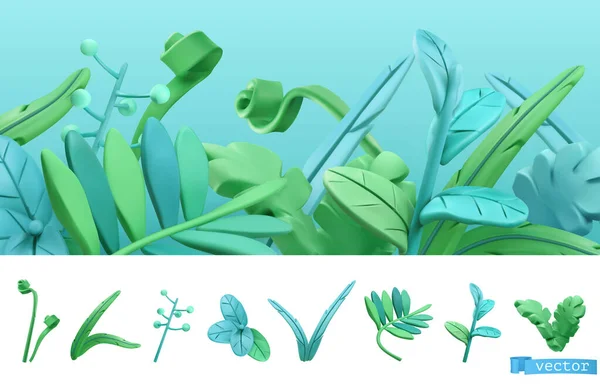 Erba Primavera Blu Verde Cartone Animato Set Icone Vettoriali — Vettoriale Stock