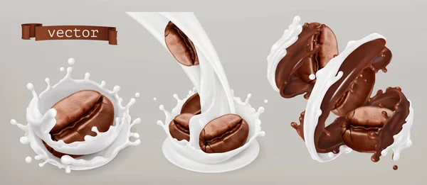 Kaffebönor Och Mjölkstänk Vektor Realistisk Uppsättning — Stock vektor