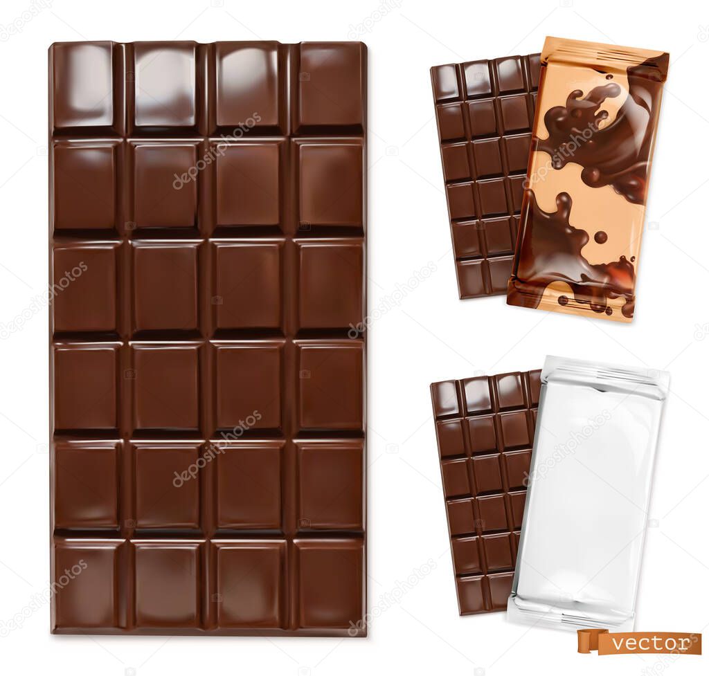 Chocolate bar and chocolate packaging. 3d realistic vector icon