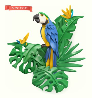 Papağan ve tropik yapraklar. Yaz zamanı konsepti. 3 boyutlu vektör nesneleri. Plastik sanat illüstrasyonu