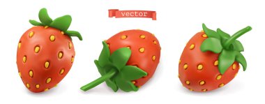 Çilekli yaz meyvesi. Plastik sanat illüstrasyonu 3d vektör simgesi seti