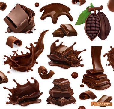 Chocolate set. Splashes, pieces and chocolate shavings, cocoa bean. 3d realistic vector objects. Food illustration clipart