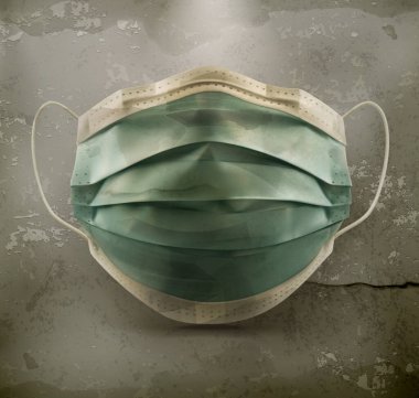 Tıbbi maske, arka planda cerrahi maske, virüs ve enfeksiyon koruması, eski tarz 3D gerçekçi vektör.
