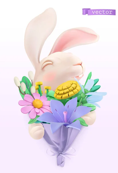 Conejo Pascua Con Ramo Flores Silvestres Vector Plastilina Arte Objeto — Vector de stock