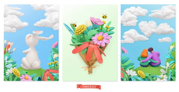 Conejo Pascua Ramo Flores Silvestres Pareja Enamorada Cuentos Primavera Arte — Vector de stock