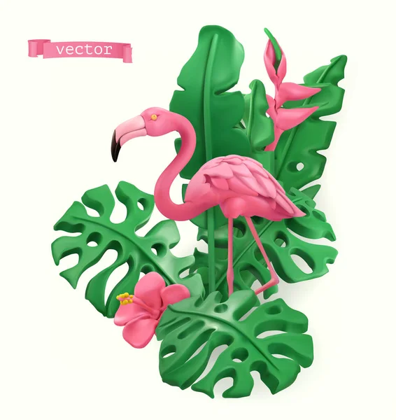 火烈鸟和热带树叶夏天的时间概念 3D向量对象 塑料艺术图解 — 图库矢量图片
