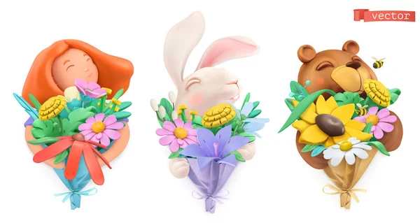 Funny Characters Bouquet Flowers Girl Easter Bunny Bear Plasticine Art — Stock Vector