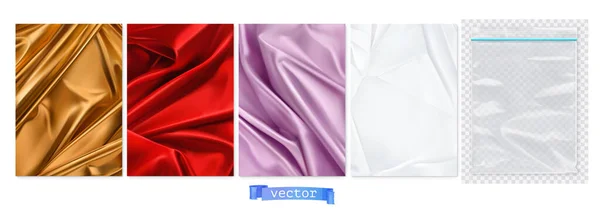 采购产品金色和红色的面料 紫色窗帘 透明的塑料包装 3D矢量现实背景 — 图库矢量图片