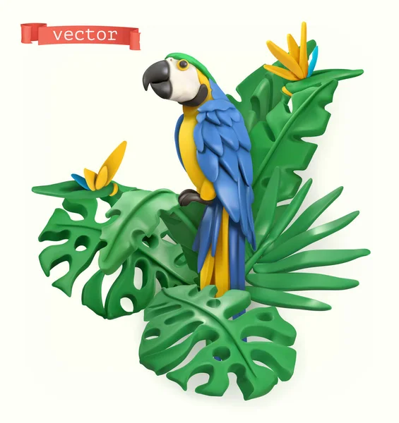 Papegaai Tropische Bladeren Zomertijd Concept Vectorobjecten Plasticine Kunst Illustratie — Stockvector