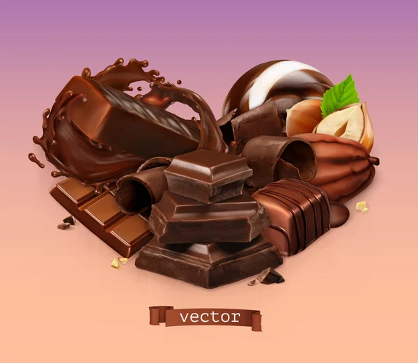 Chocolate Realista Barra Chocolate Salpicaduras Dulces Trozos Virutas Granos Cacao — Vector de stock