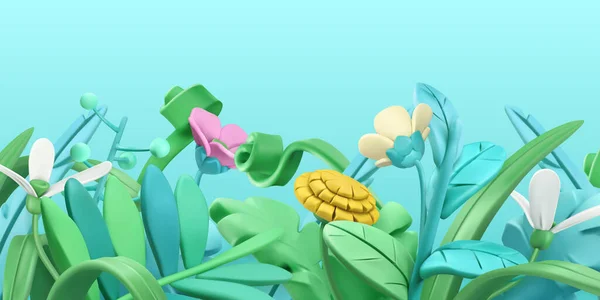 Frühlingsgras Und Blumen Karikatur Vektorhintergrund — Stockvektor