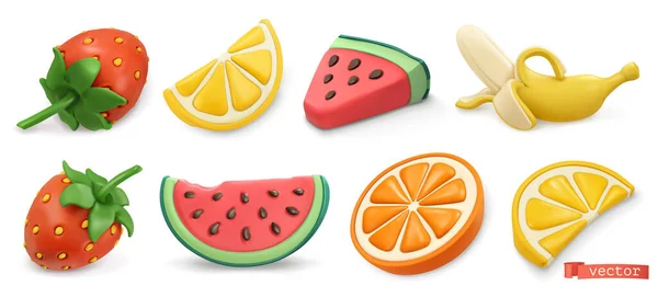 Sommar Frukt Ikon Set Med Skuggor Jordgubbar Vattenmelon Citron Apelsin — Stock vektor