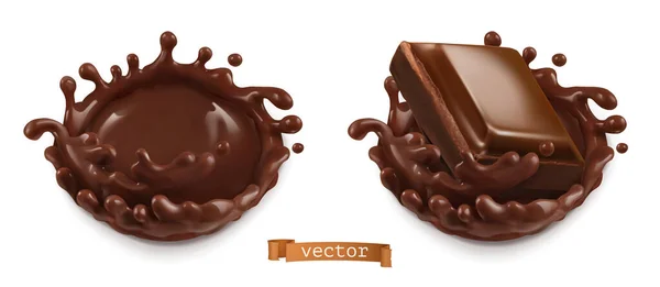 Pedaço Chocolate Salpico Chocolate Vetor Realista Ilustração Alimentos — Vetor de Stock