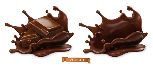 Pedazo Chocolate Salpicadura Chocolate Vector Realista Alimentos Objetos — Archivo Imágenes Vectoriales