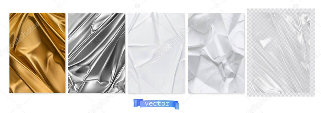 Gold fabric, silver foil, white paper, transparent plastic film. 3d realistic textures, vector set