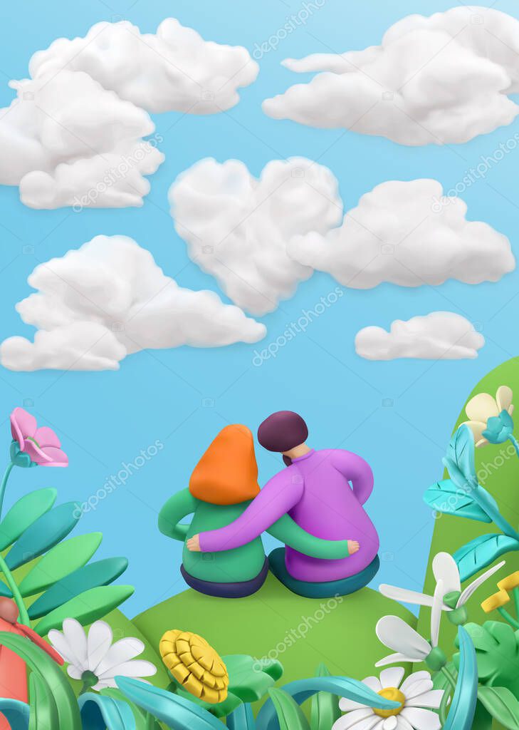 Spring story, heart in clouds. Fall in love, young couple on a flower meadow. 3d vector greeting card