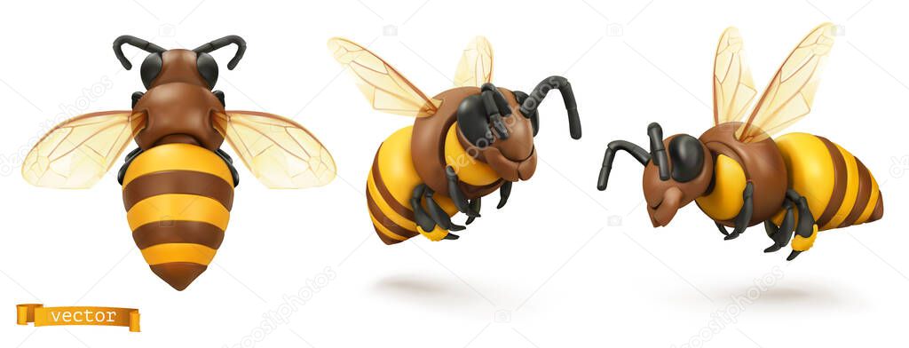 Bee, bumblebee. 3d cartoon vector icon set. Plasticine art illustration