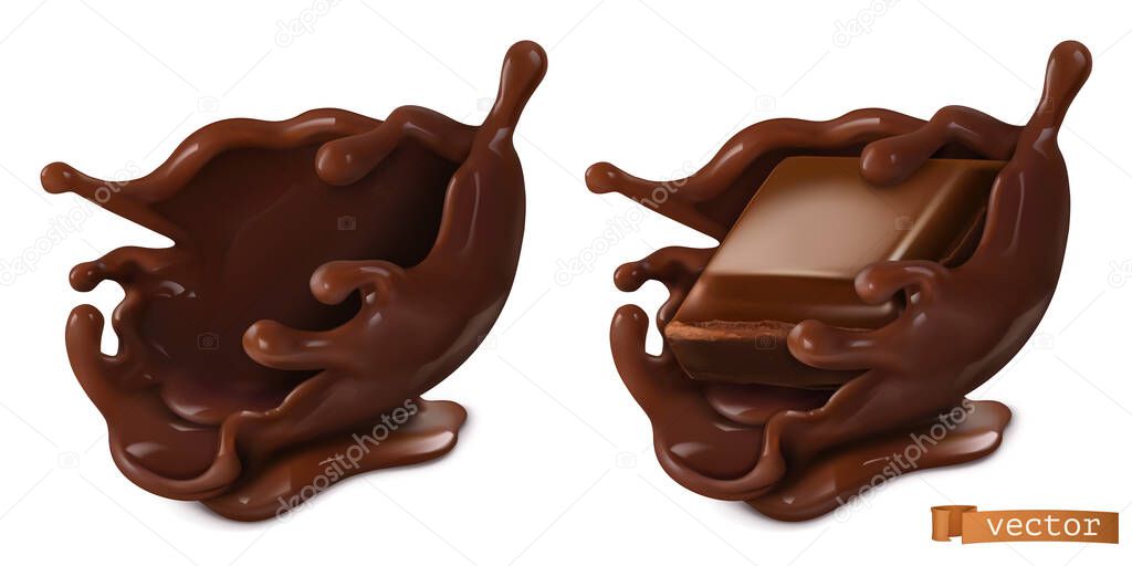 Piece of chocolate and chocolate splash, 3d realistic food vector objects