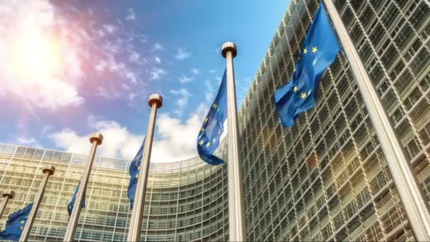 Europeiska unionen flaggor vajande i vinden — Stockvideo