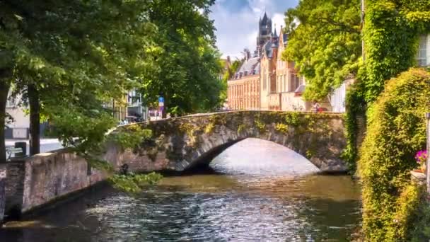 Городской пейзаж со старым мостом и типичными фламандскими домами — стоковое видео