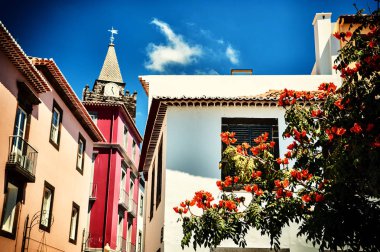 Funchal cityscape ana sokak evleri ile