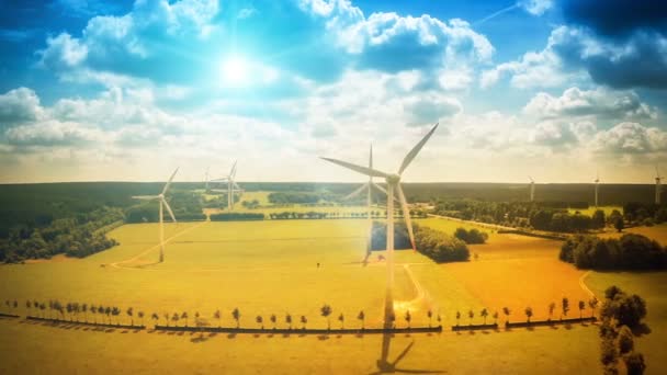 Сельская местность с ветряными турбинами и сельскохозяйственными полями — стоковое видео
