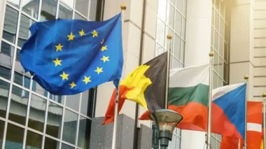 AB üye bayraklar Avrupa Parlamento binası önünde