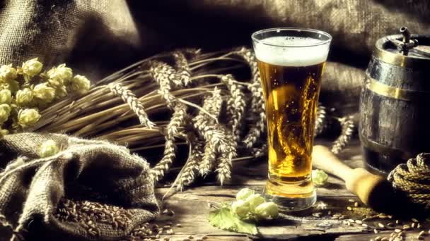 Vaso de cerveza con ingredientes para la elaboración de cerveza — Vídeo de stock