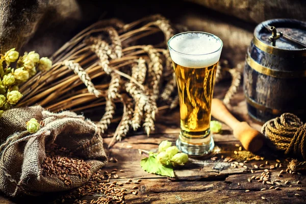 Bicchiere di birra fresca fredda in ambiente rustico. Prodotti alimentari e bevande ba — Foto Stock