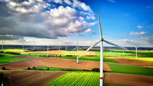 Сільськогосподарська зона з пшеничним полем і вітровими турбінами — стокове відео