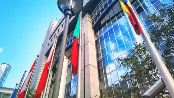 Bryssel Belgien 2019 Vifta Flaggor Framför Europaparlamentet Bryssel Ultra High — Stockvideo