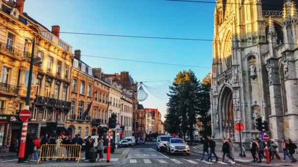 Brussels Belgium 2019 View Historic Upper Part Brussels Gothic Church — Stock Video