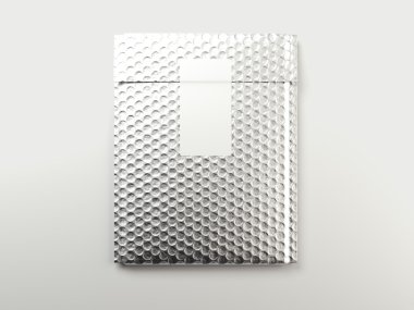 Metal ambalaj çanta ile beyaz etiket kabarcıklar. 3D render