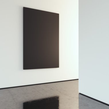 Siyah Tuval Galeri parlak duvarda. 3D render