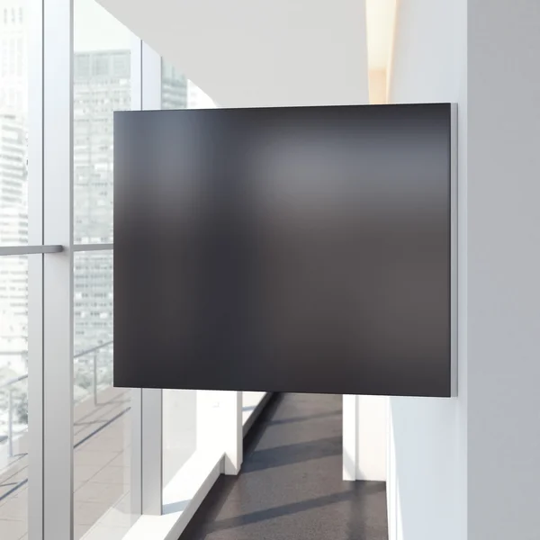 Black square signboard in bright office interior. 3d rendering — Stock Photo, Image