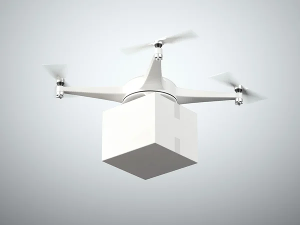 Білий квадрокоптер з картонною коробкою. 3D візуалізація — стокове фото