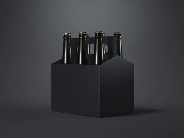 Black blank beer packaging with brown bottles. 3d rendering — Stock Photo, Image