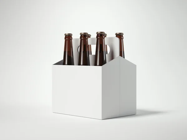 Embalagem de cerveja branca em branco com garrafas marrons. Renderização 3d — Fotografia de Stock