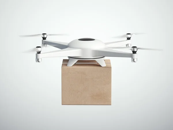Quadrocopter blanco con caja de cartón. renderizado 3d — Foto de Stock