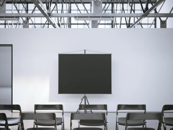 Black presentation roller screen in conference room. 3d rendering — Stock Photo, Image