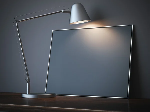 Bord med svart blank canvas och lampa. 3D-rendering — Stockfoto