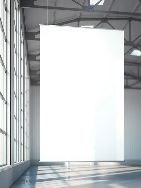 Blank vit banderoll i hangar. 3D-rendering — Stockfoto