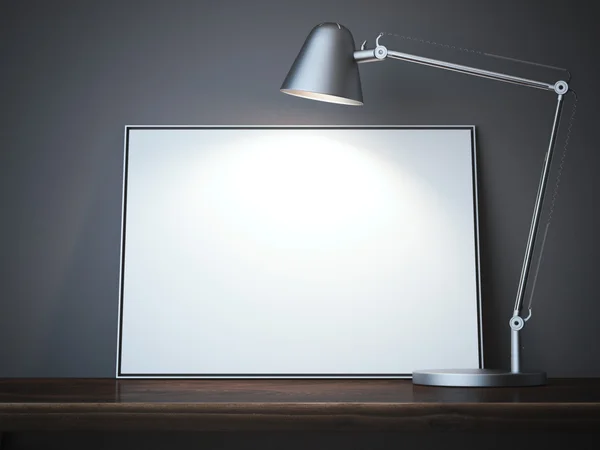 Bord med vit blank canvas och lampa. 3D-rendering — Stockfoto