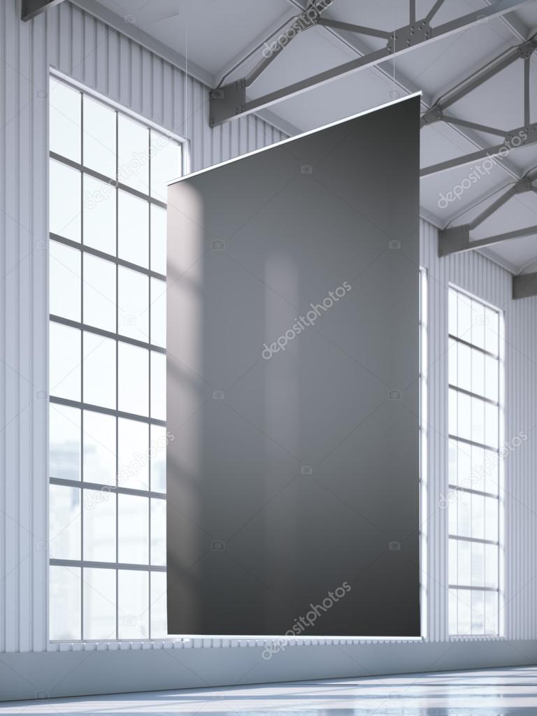 Blank black banner in hangar. 3d rendering