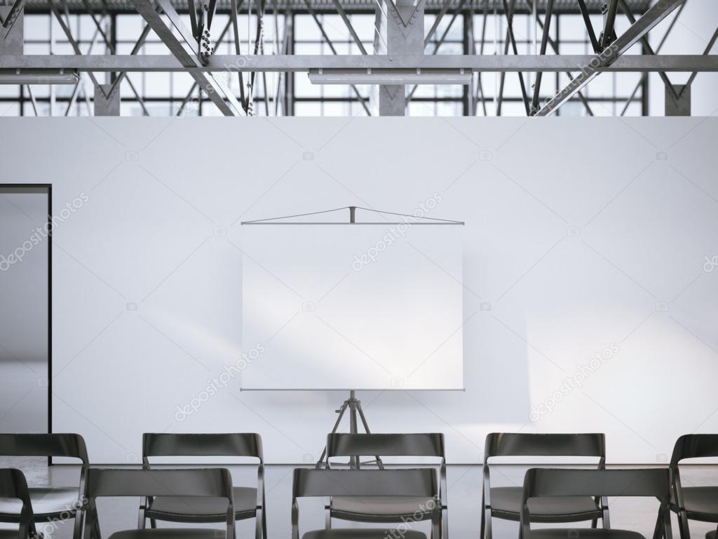 White presentation roller screen in conference room. 3d rendering