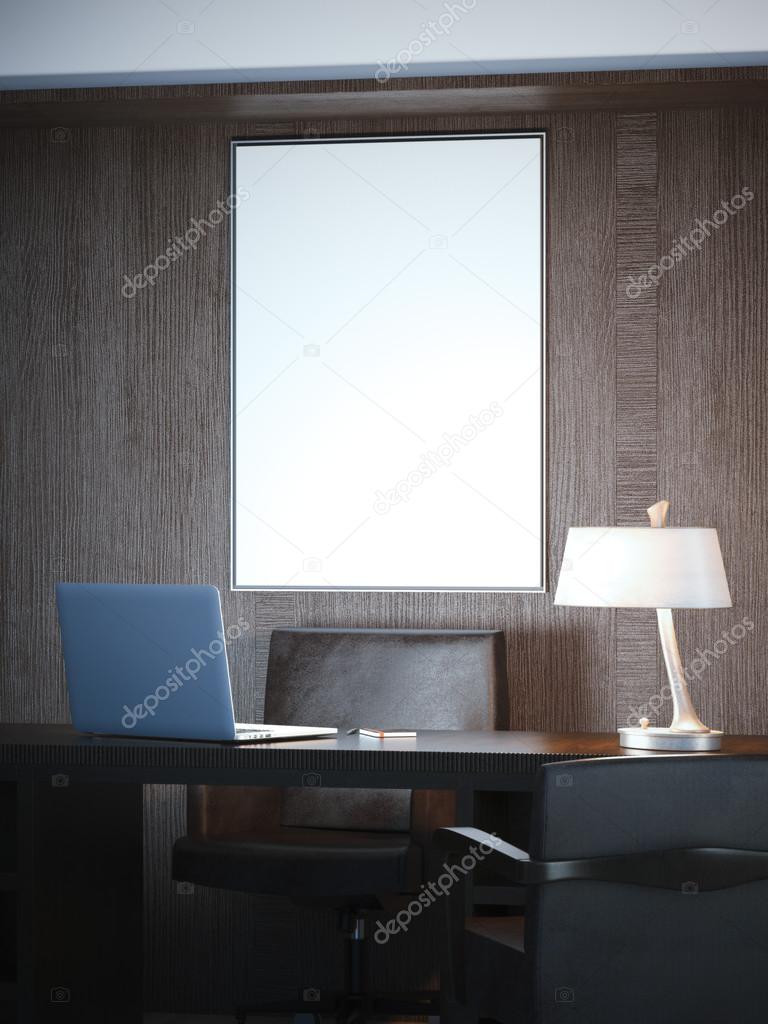 Classical interior with workplace and white canvas. 3d rendering
