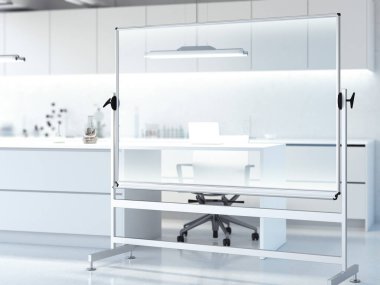 Modern temiz laboratuvar şeffaf beyaz tahta. 3D render