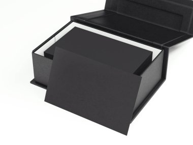 Kartvizit yığını ile siyah paket. 3D render